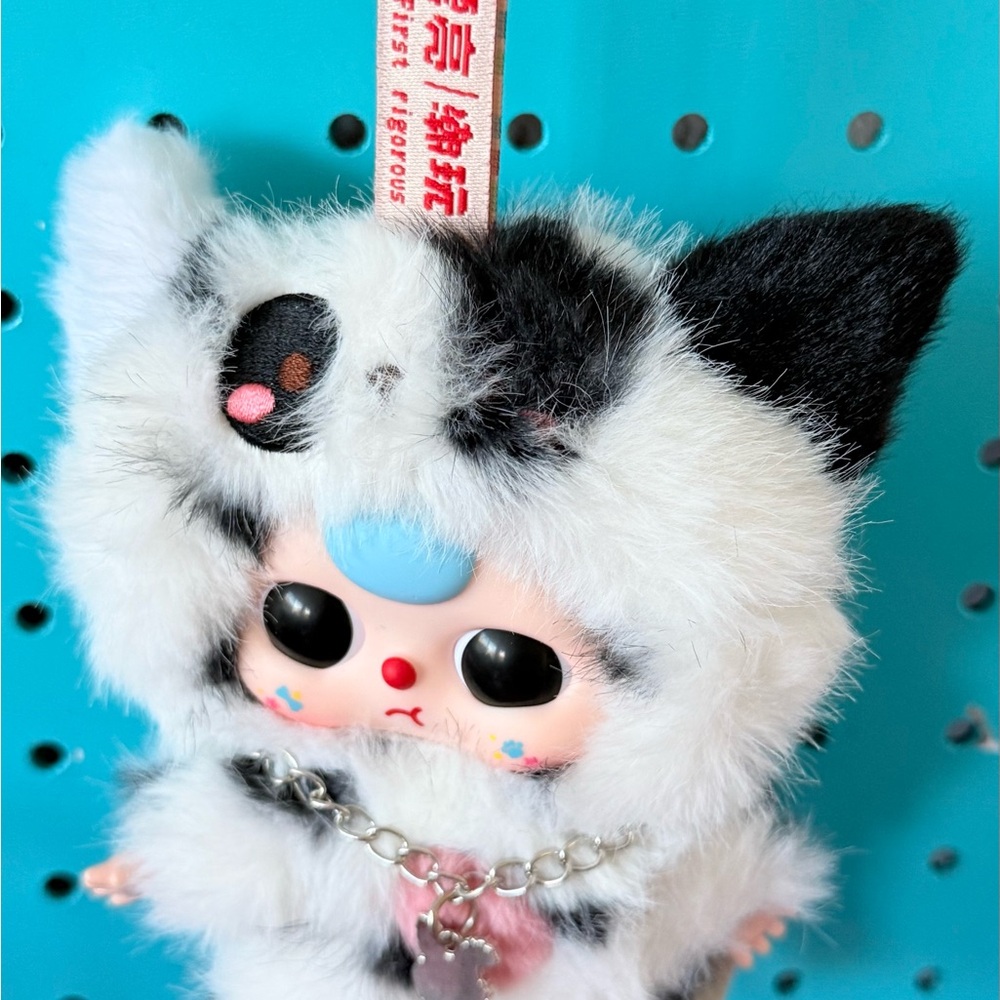 Fluffy Black and White Cat Doll with Chain